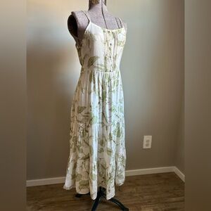 Botanical Floral Green leaf pattern White tiered maxi summer flowy Dress neutral